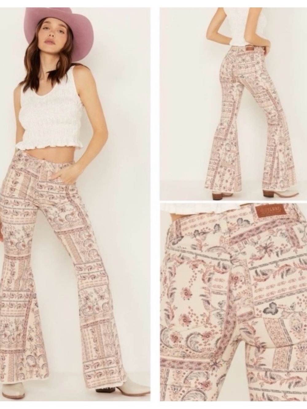 Shyanne Bell Bottom Jeans  30 Cream Floral Patchwork Frayed  Boho Western
